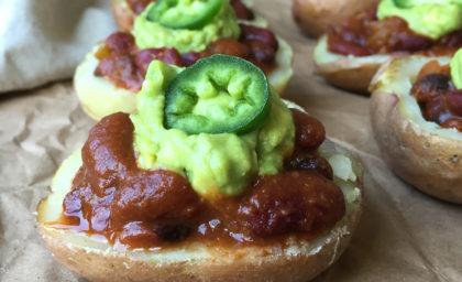 Vegan Chili Topped Potato Skins