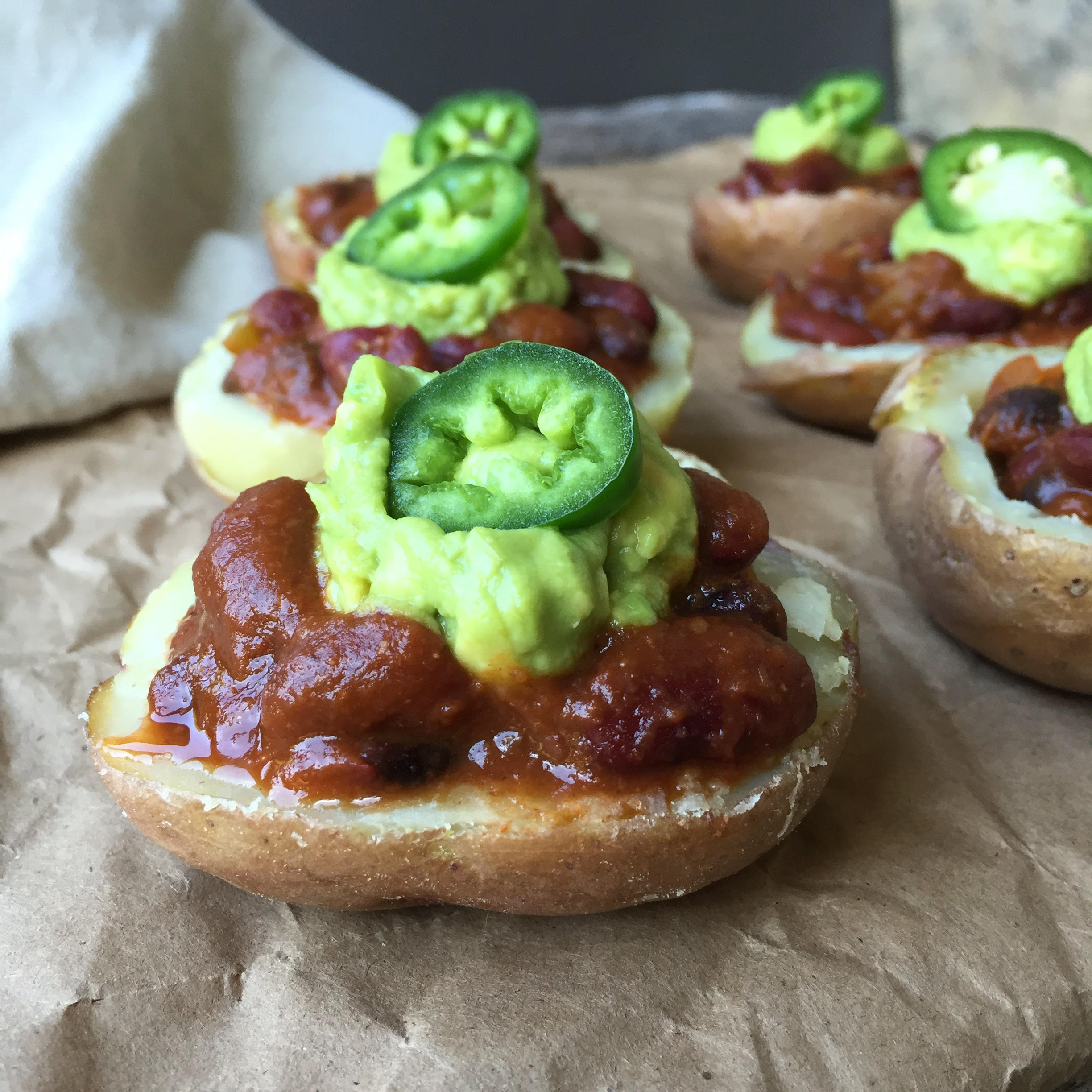 Vegan Chili Topped Potato Skins